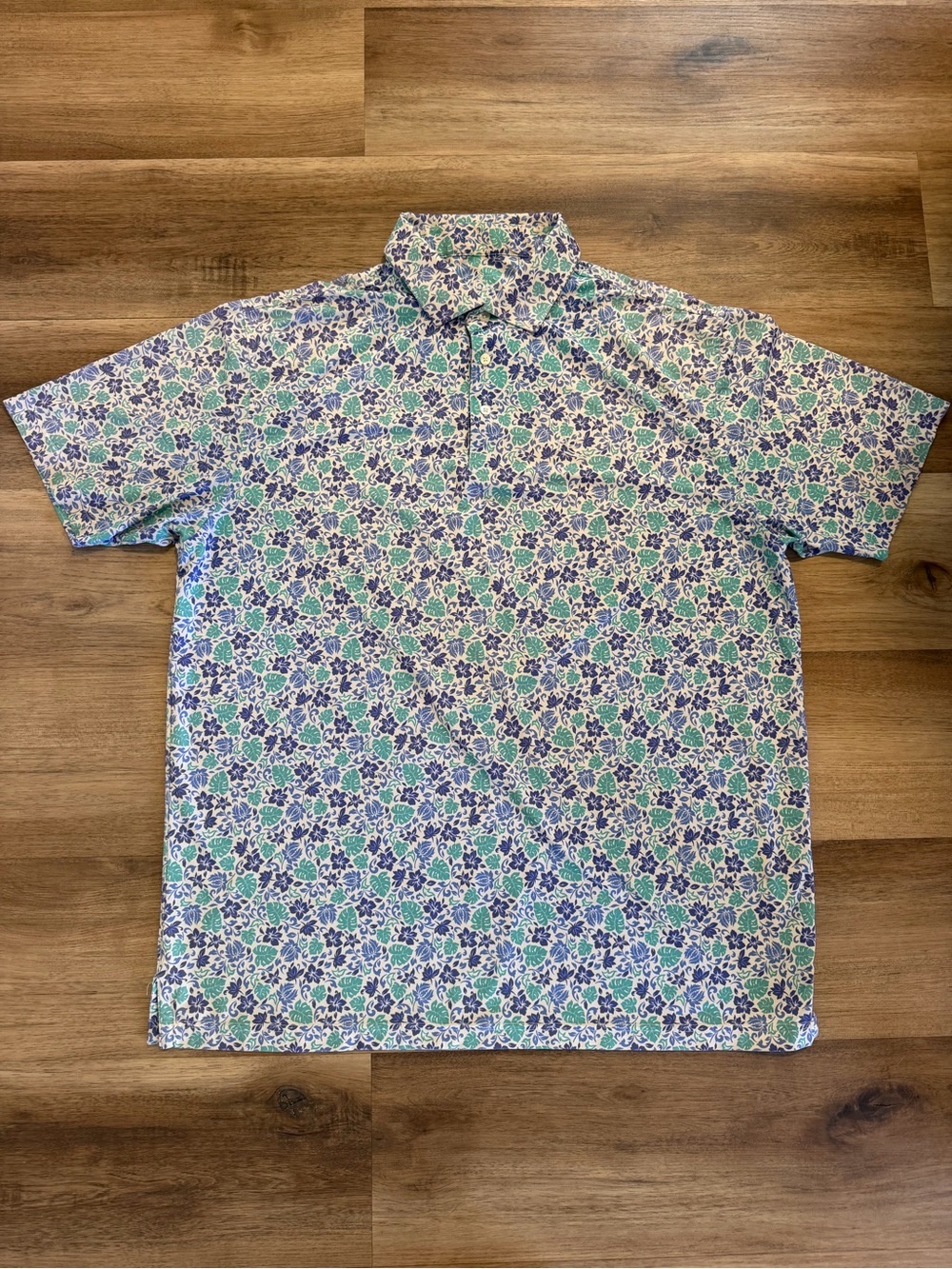 Rhoback Polo Shirt Mens XL White Blue Green Hibiscus Performance Golf